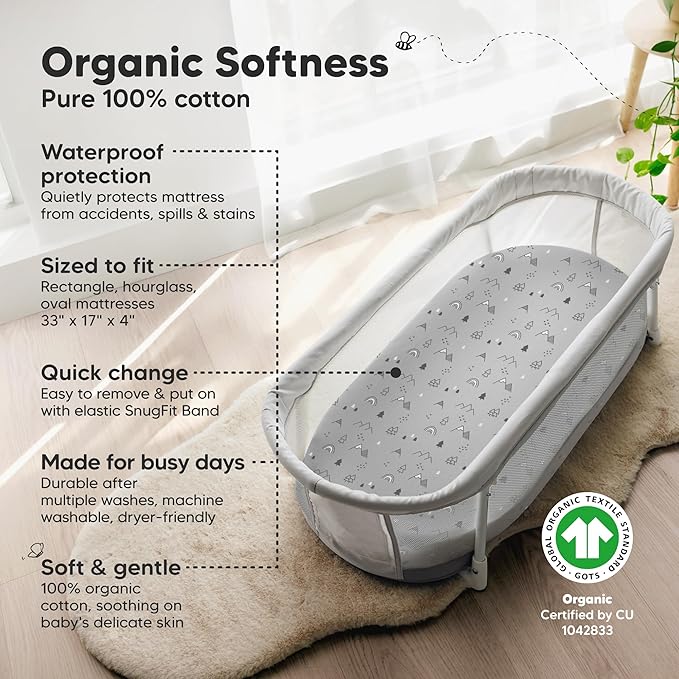 2-pk Waterproof Bassinet Sheets Girls, Boys, Cotton - 33x17 Universal Bassinet Mattress Pad Protector Cover, Compatible with Graco,Baby Delight,Chicco,Halo Bassinest Swivel Sleeper Fitted (Woodland)