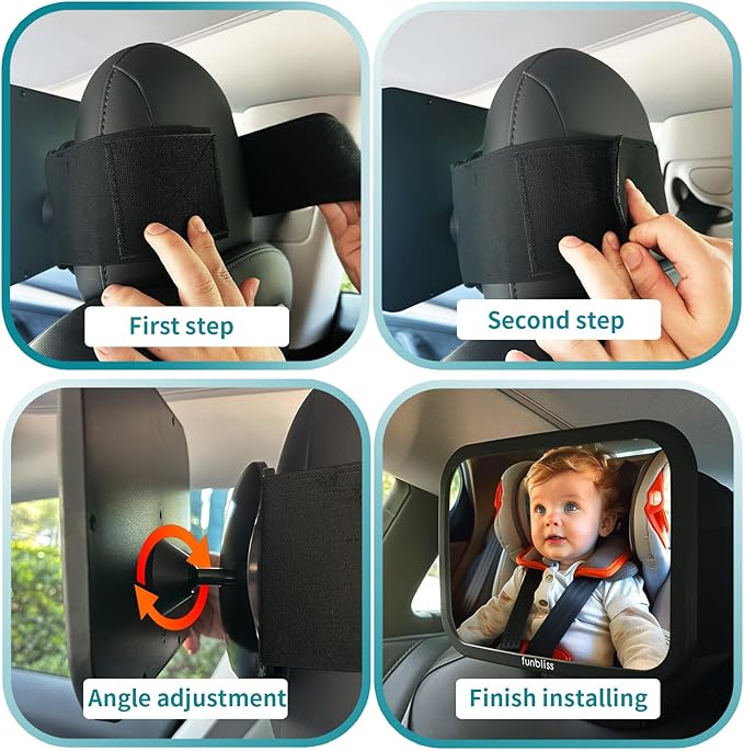 Funbliss Fixed Headrest Baby Car Mirror, Car Mirror for Baby Compatible with Tesla and other vehicles,360° Rotation, Shatterproof Plastic, No Assembly Required