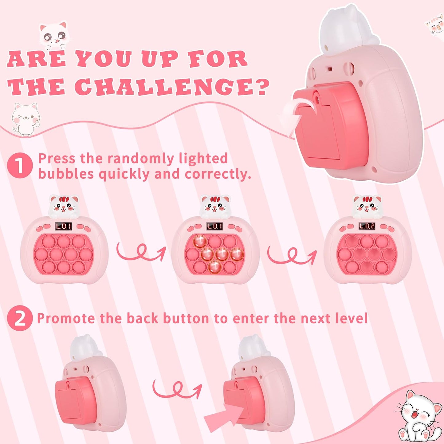 Upgraded Fast Quick Game Pop Bubble Up Toys for Kids, Funny Toys with LED Screen for Kids 3-12 for Girls and Boys Bubble Stress,Handheld Puzzle Game Sensory Toys (Batteries Included) (Kitten)