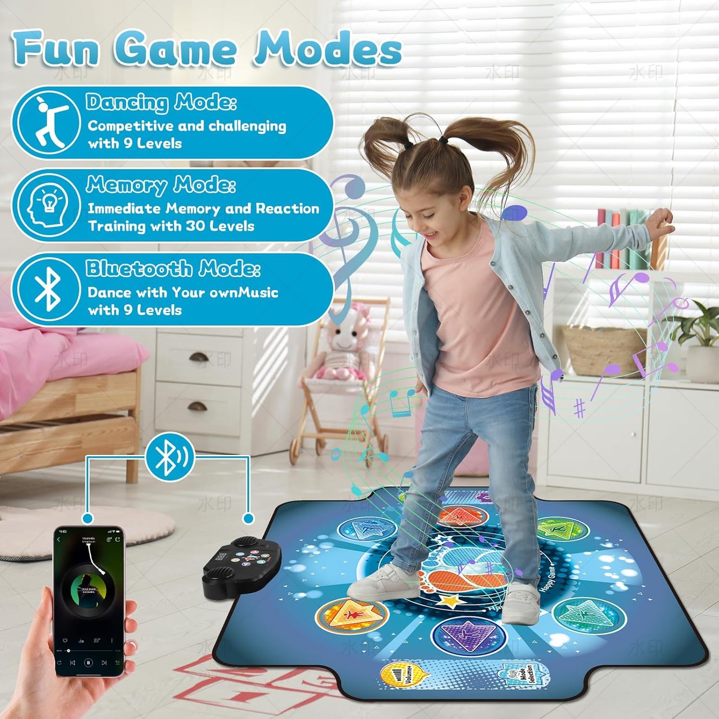 Dance Mat for Kids with Wireless Bluetooth, 5 Game Modes, LED Lights, Music Box with 6 Light-up Pads, Music Game Dance Toy for Girls Boys Gifts 3 4 5 6 7 8 9 10+ Year Old