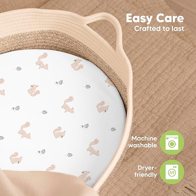 2-Pack Baby Bassinet Sheets Girl, Boy - 33x17 Viscose Derived from Bamboo Bedside Mattress Fitted Bassinet Sheets, Compatible with Halo Bassinest Swivel Sleeper, Baby Delight, Graco(Nibbles/Bruce)