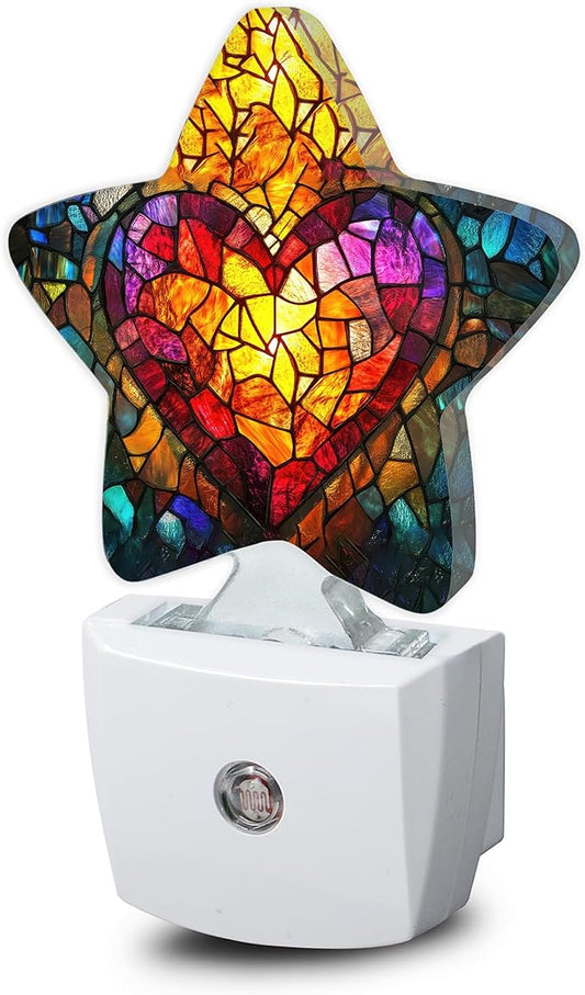 Love Heart Stained Glass Night Lights Plug Into Wall,Abstract Star Night Light for Kids,Nightlight with Dusk to Dawn Smart Sensor for Bedroom Bathroom Decor,Children Women Men Gift