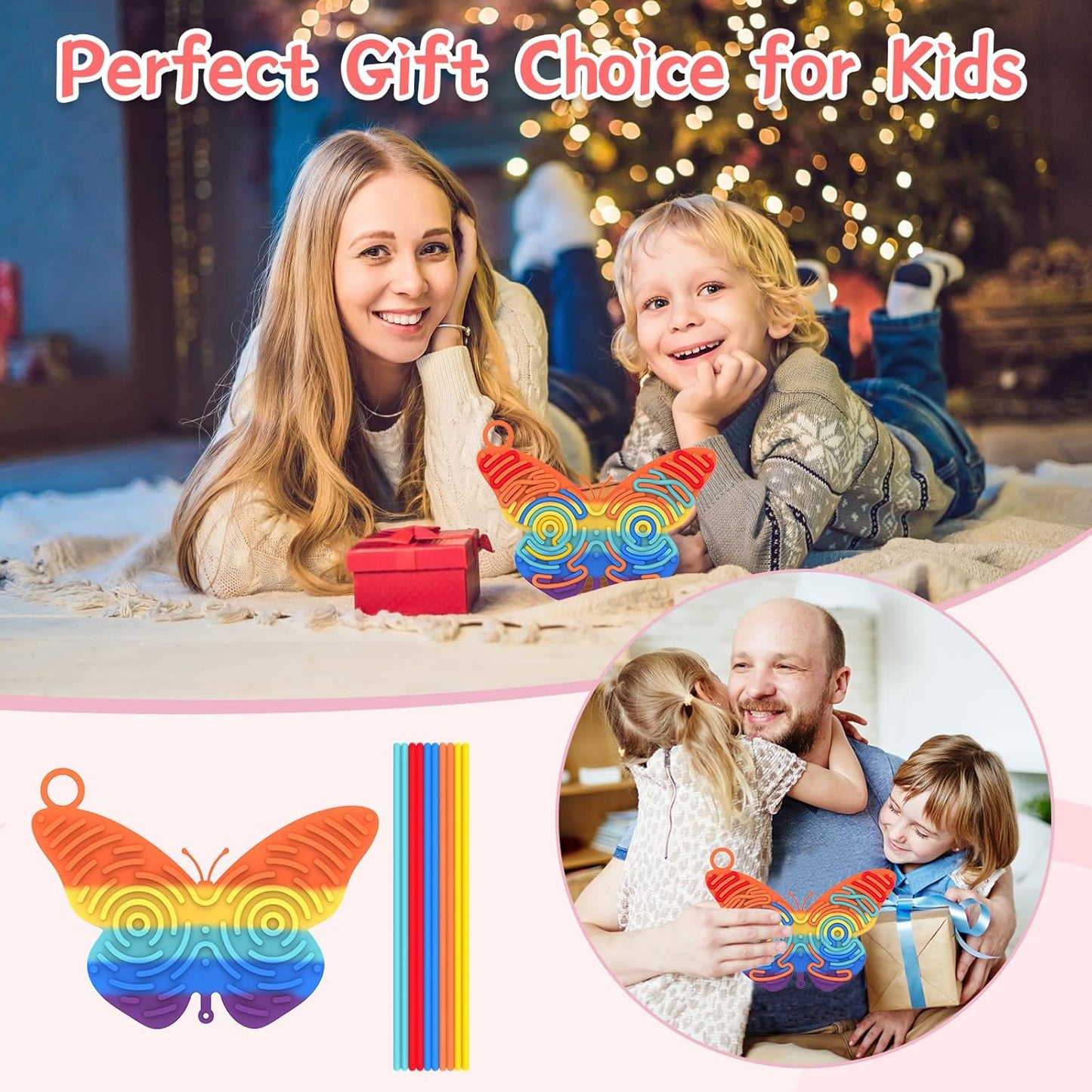 Silicone Sensory Activity Board,2 in 1 Busy Board for Fine Motor Skill, Montessori Fidget Toy for Calming, Stress, Anxiety, ADHD , Autism , Silent, No Mess , Kids 3+ & Adults(Colorful, Butterfly)