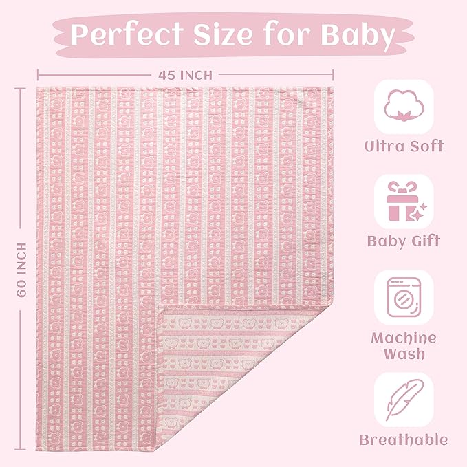 NTBAY 3 Layer Oversized Muslin Cotton Toddler Blanket, Jacquard Reversible Nursery Bed Blanket, Super Soft and Thermal for All Seasons, Baby Gift, 45"x60", Pink Bear