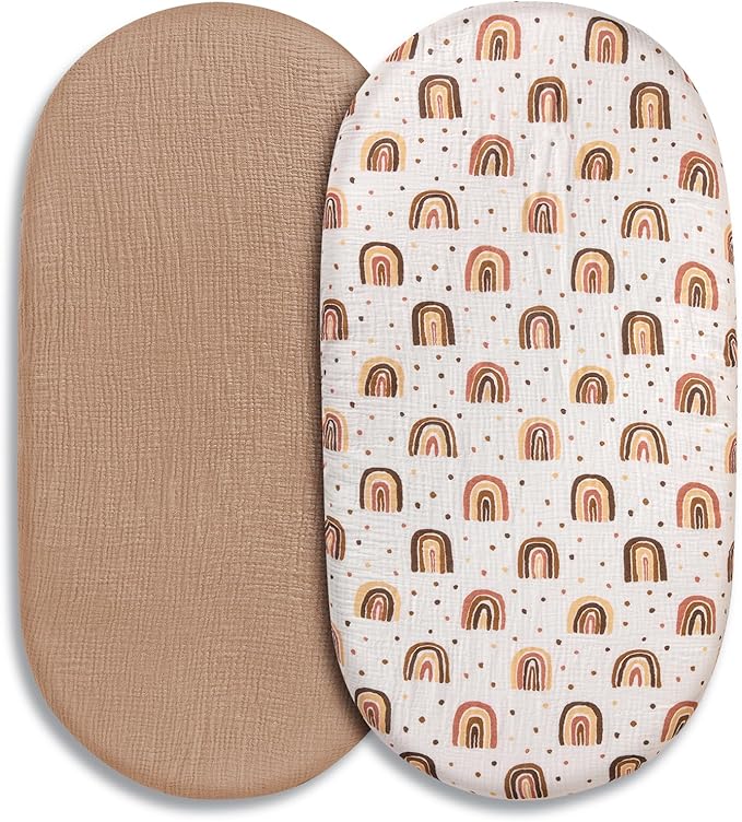 Muslin Bassinet Fitted Sheets, 2 Pack for Baby Boy and Girl, Soft Breathable Stretchy Baby Pad/Mattress Sheet Set, Universal Fit for Hourglass Oval and Rectangle Bassinet Mattress (Cute Rainbow)