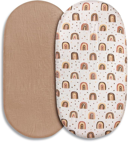 Muslin Bassinet Fitted Sheets, 2 Pack for Baby Boy and Girl, Soft Breathable Stretchy Baby Pad/Mattress Sheet Set, Universal Fit for Hourglass Oval and Rectangle Bassinet Mattress (Cute Rainbow)