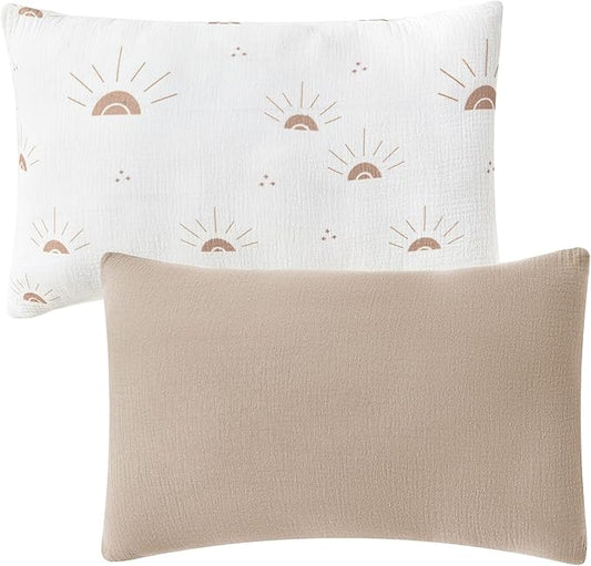 JELLYMONI 2 Pack Muslin Toddler Pillowcase for 13x18 Pillow, 100% Cotton Baby Pillow Case Cover for Bed, Toddler Cot and Travel, Soft & Breathable Baby Kids Envelope Pillowcase, No Pillow