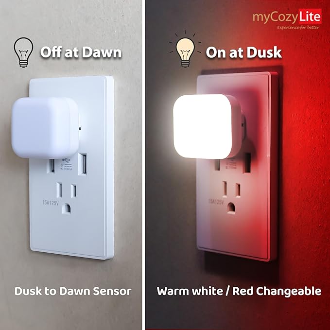 myCozyLite Red Night Lights Plug into Wall, Warm White Light, 2 in 1, Plugin Nightlights 4 Pack, Dusk to Dawn Sensor, Dimmable, Automatic Lights, for Bathroom, Bedroom, Kitchen, Hallways, Nursery