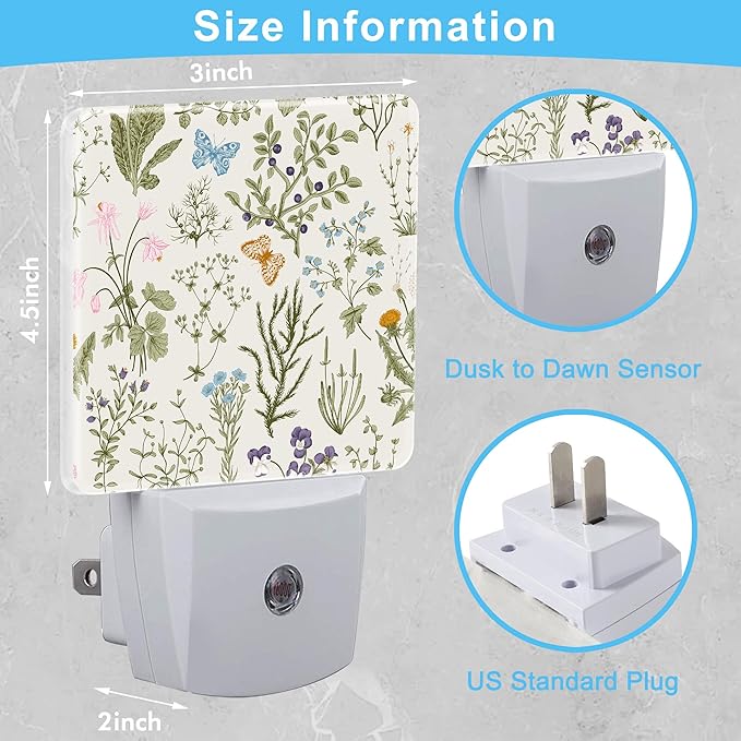 Herbs and Wild Flowers Botanical Plug in Night Light with Auto Dusk to Dawn Sensor,Warm Night Lights for Boys Girls Bedroom Bathroom Hallway Kids Room Gifts