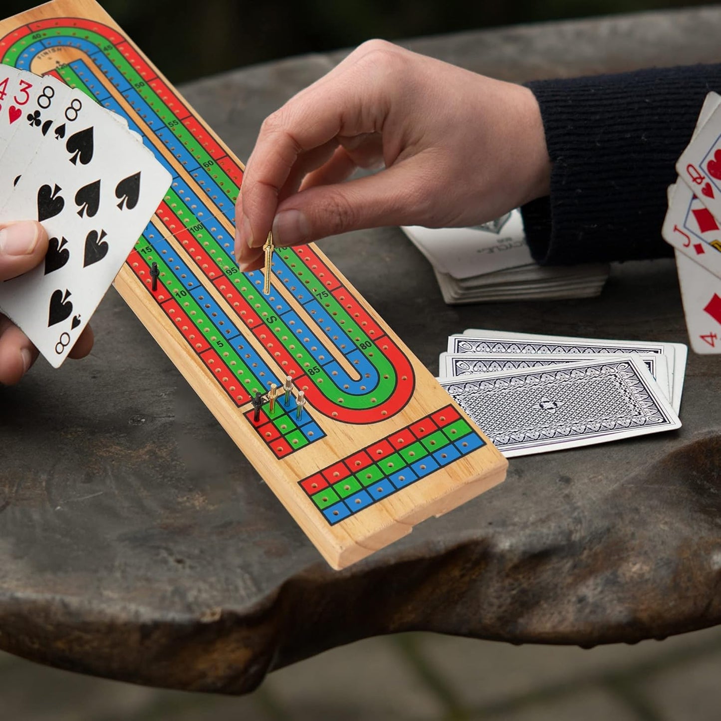 FUNPENY Traditional Wooden Cribbage Board Game Set, 3-Track Color Coded with Metal Pegs and Deck of Playing Cards