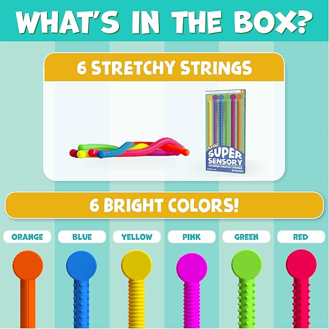 BUNMO Stretchy Strings - Sensory Toys - Stimulating & Fun Sensory Toys for Kids - Fidget Toy - Hours of Fun for Kids - Non-Mouthable Toy 3+ - Textured 6 Pack