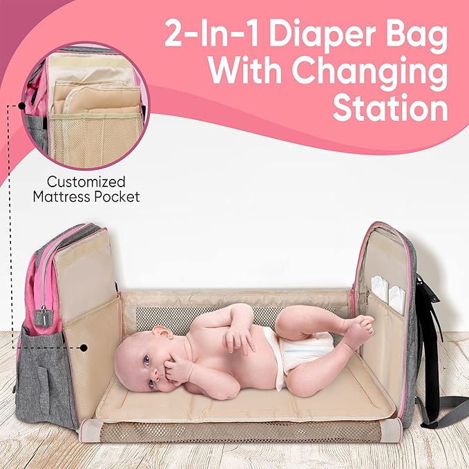 Grey Pink Baby Diaper Bag Backpack with Changing Station for Boy & Girl, Multifunction Large Diaper Bag Backpack for Mom, waterproof travel diaper bag for women, pañaleras para bebe niña