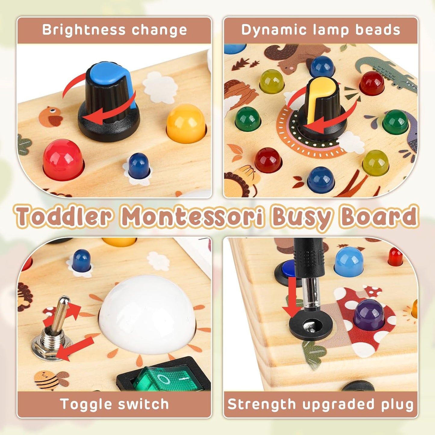 Joyreal Wooden Busy Board with LED Lights, Montessori Sensory Toys for Toddlers, Activity Fidget Board Travel Toys for Fine Motor Skills & Learning, Gifts for 1-3 Year Old Boys & Girls (Forest Theme)