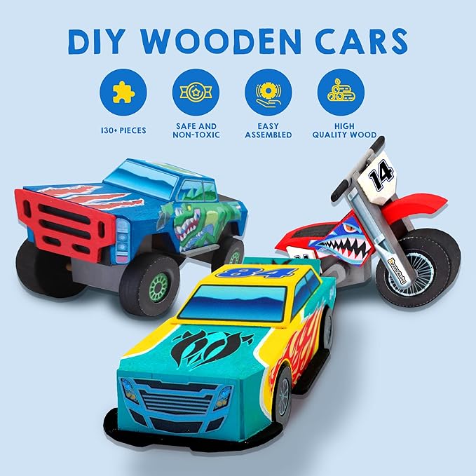 JOYIN Kids Craft Kit Build & Paint Your Own Wooden Race Car Art & Craft Kit DIY Toy Make Your Own Car Truck Toy Construct and Paint Kit, Presents for Kids