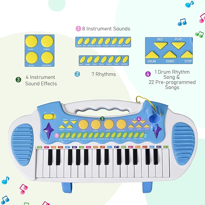 Qaba 31-Key Kids Toy Keyboard Piano, Electronic Musical Instrument with Multiple Sounds, Stool, Microphone and Bright Flashing Lights, Blue
