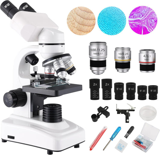 Binocular Microscope for Adults Kids Students, 64X-6000X Microscopes, 3 Objective Lens, Metal-Body Dual LED Illumination, Biological Compound Microscope Kit for School Lab, Homeschool