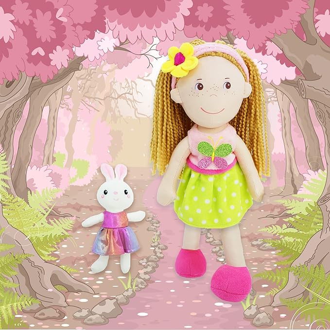 June Garden 14" Playmate Buddies - Plush Doll Aubrey with Her Stuffed Animal Companion Bunny Trixy