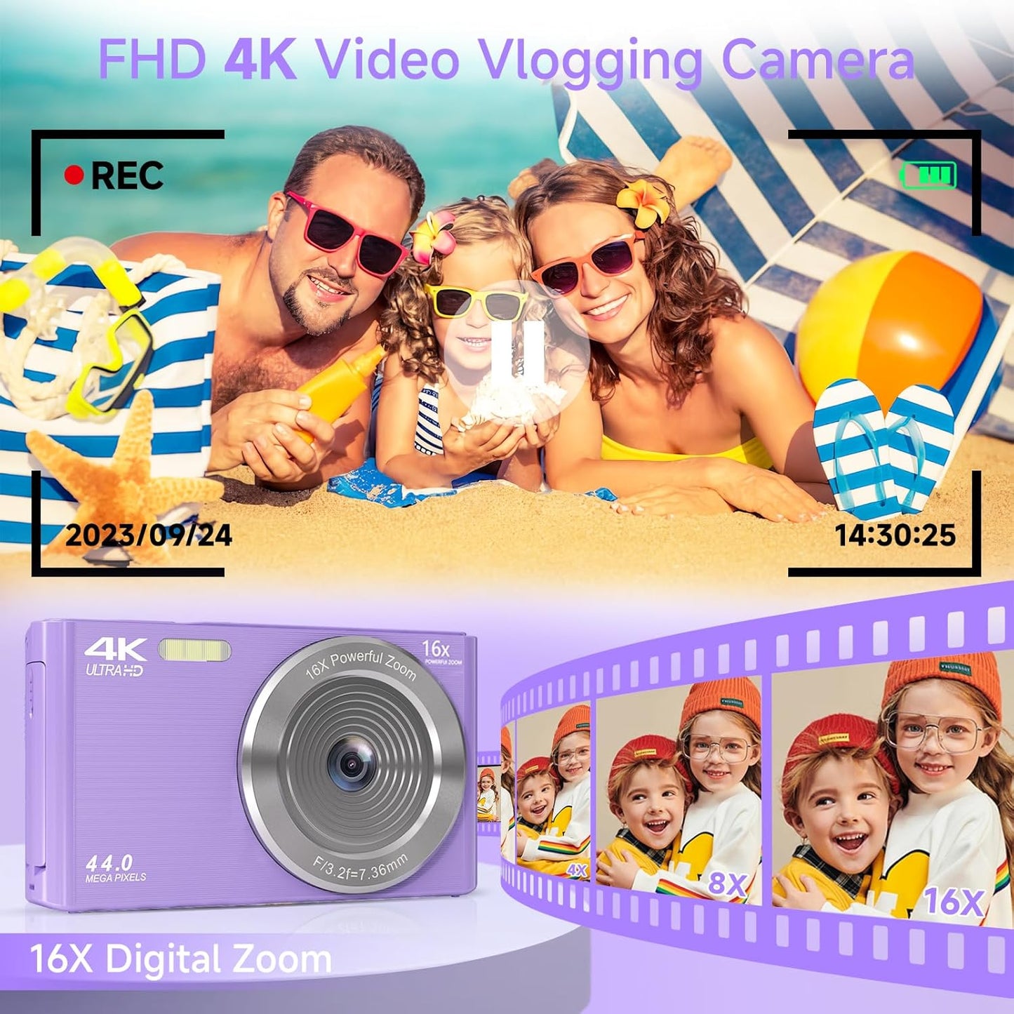 Digital Camera for Teens, FHD 4K 44MP Digital Camera Purple with 64GB SD Card 16X Digital Zoom, Cameras for Photography Compact Point and Shoot Camera for Teen Boys Girls Kids Camera Digital Purple