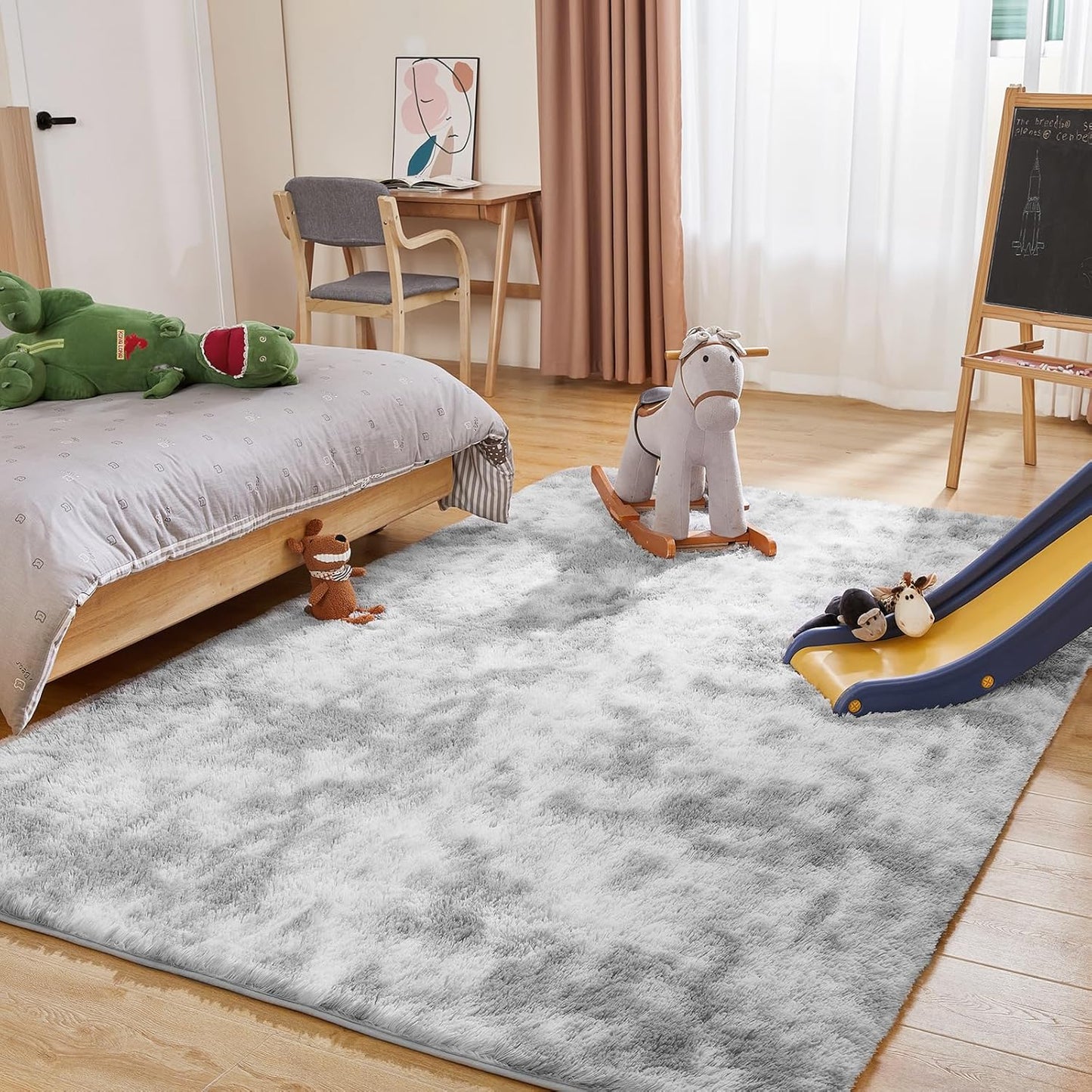 6x9 Area Rugs for Living Room, Fluffy Shaggy Bedroom Rug Indoor Carpet, Anti-Skid Soft High Pile Rug for Nursery, Kids Room, Bedside, Home Decoration, Tie-Dyed Light Grey