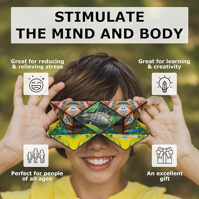 SHASHIBO Shape Shifting Box - Award-Winning Fidget Toy w/ 36 Rare Earth Magnets - Fidget Cube Transforms Into Over 70 Shapes, Sensory Toy Gift for Kids, Teens, and Adults (Wild Series - Jungle)