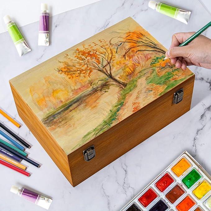 Vintage Wooden Storage Box, 12.18×8.64×4.71 Inch Small Wooden Box with Hinged Lid for DIY Art Hobby, Wood Keepsake Box Rectangular for Toys Jewelry Crafts Brown (12.18 * 8.64 * 4.71)