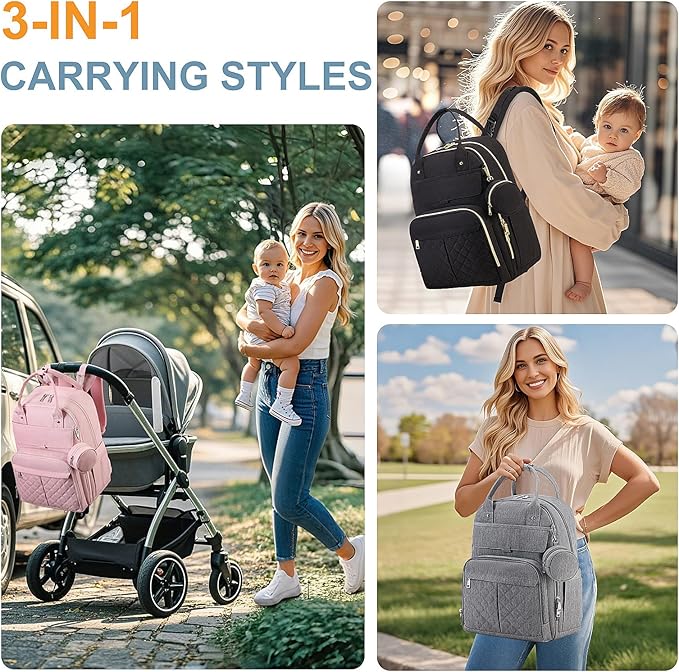 MOONBABY Diaper Bag Backpack, Baby Diaper Bags with Portable Changing Pad and Pacifier Case, Multifunctional Travel Diaper Backpacks, Unisex Baby Bags, Grey