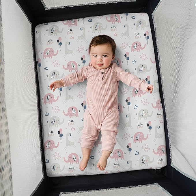 Pack n Play Sheets, BROLEX 2 Pack Mini Crib Sheets,Stretchy Portable Fitted Playard Sheet Set, Convertible Playard Mattress Cover,Ultra Soft Breathable Material,Elephant Rabbit