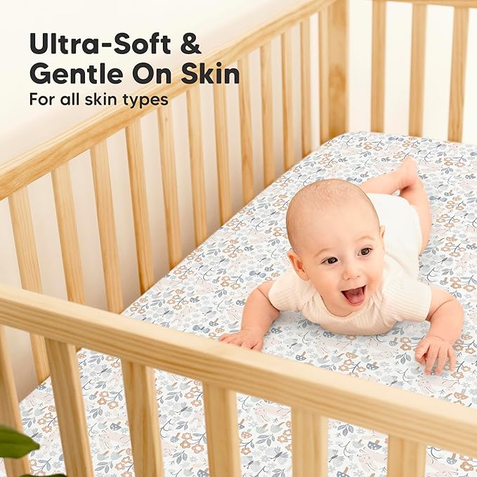 2-Pack Waterproof Baby Crib Sheets for Boys, Girls - 52x28 Viscose Derived from Bamboo Toddler Bed Sheet Neutral, Fitted Crib Mattress Protector Cover for Baby Bedding, Soft & Gentle (Prairie)