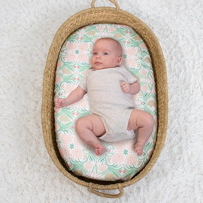 The Peanutshell Baby Bassinet Sheets 4-Pack for Girl - Soft, Oval & Fitted Baby Girls Sheet, Rectangle, Fitted Covers for Crib, Halo Bassinet Mattress - Botanical Garden