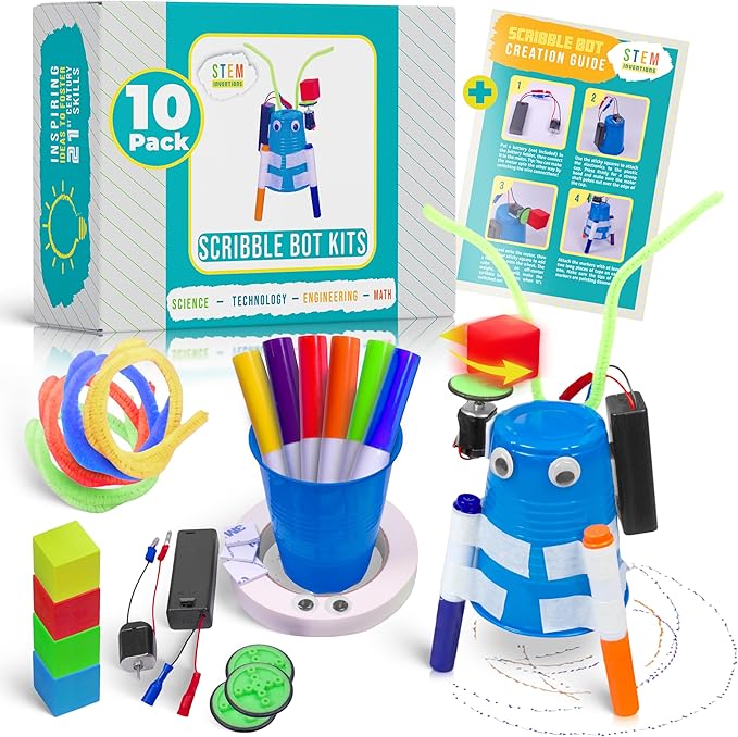 DIY Doodle Scribble Bot Kit – Bulk Pack of 10 Drawing Motorized Doodle Art Robot Projects for Kids - STEM & STEAM Classroom Robotics Activity