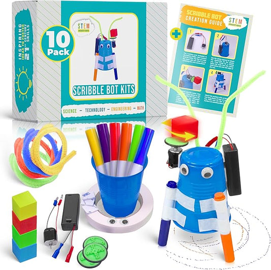 DIY Doodle Scribble Bot Kit – Bulk Pack of 10 Drawing Motorized Doodle Art Robot Projects for Kids - STEM & STEAM Classroom Robotics Activity