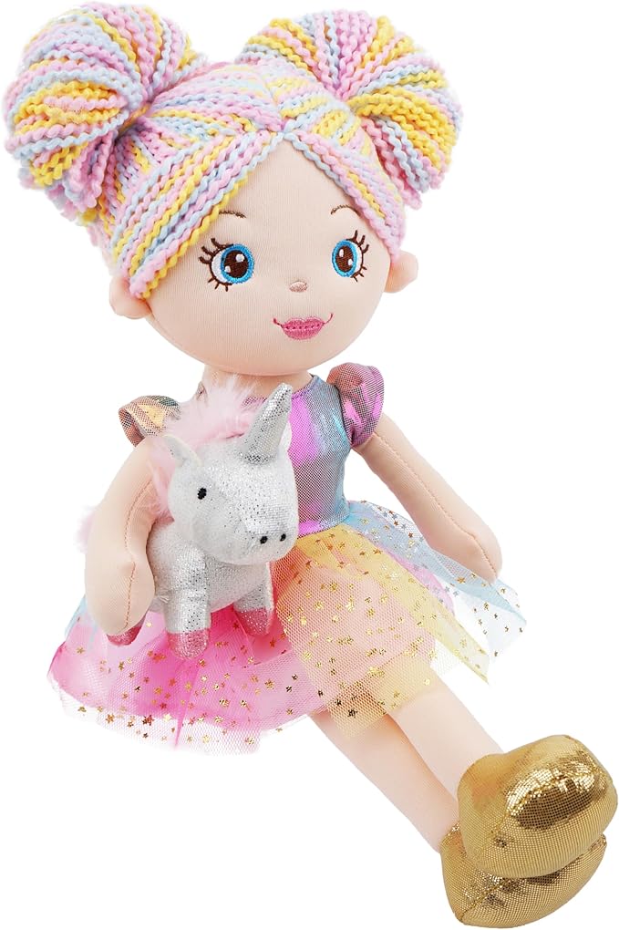 June Garden 15" Playmate Buddies - Plush Doll Zoey with Her Stuffed Animal Companion Unicorn Sparkle for Kids 1 Year and Up