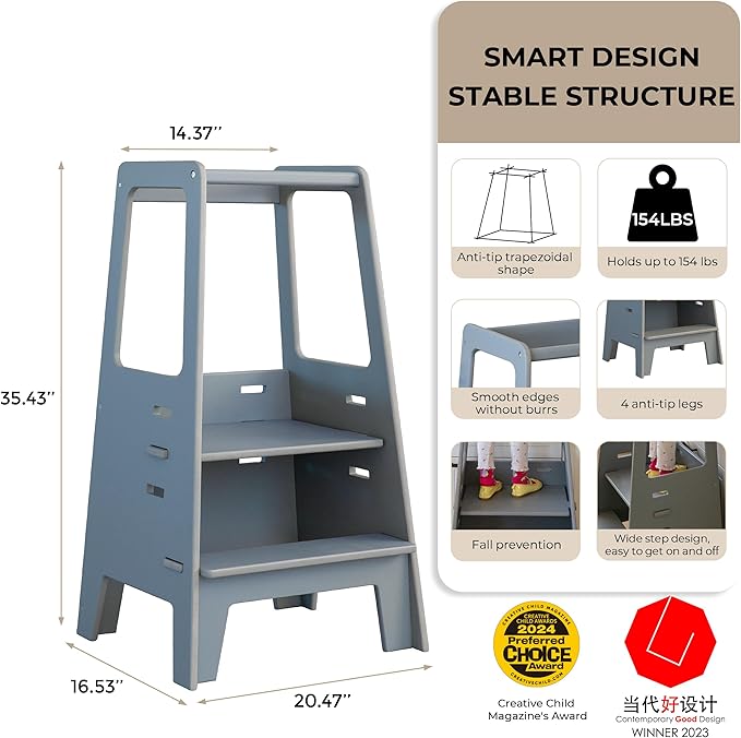 AVDAR Toddler Standing Tower Wooden Toddler Stool for Kitchen Adjustable, Winner 2023 of Contemporary Good Design, Montessori Kitchen Tools