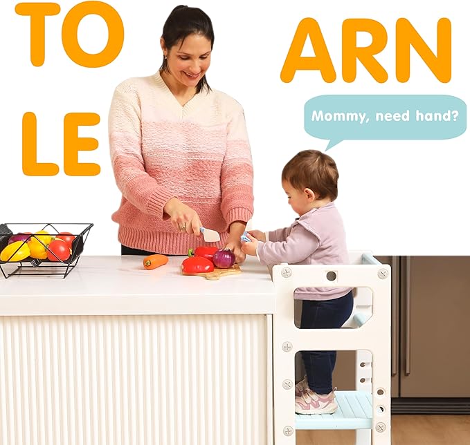 SDADI Adjustable Height Kids Kitchen Step Stool with Removable Safety Rails and Anti-Slip Protection- Toddler Standing Tower with with Ring Toss for Learning and Playing (Beige and Blue)