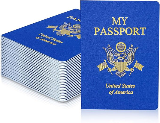 100 Pcs Blank Passport Notebook Blue Passport Book Fake Passport Travel Journal Sticker Collection Book for Kids School Projects World Travel Pretend Activity Party Favors, 5.51x3.9 Inch