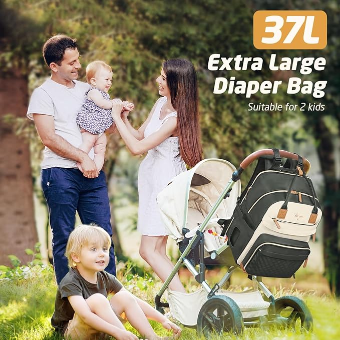 Diaper Bag Backpack - Extra Large Diaper Bag for 2 Kids Twin, Travel Baby Bags for Mom Dad 25-37L Expandable with Changing Pad Earphone Hole, Apricot Grey