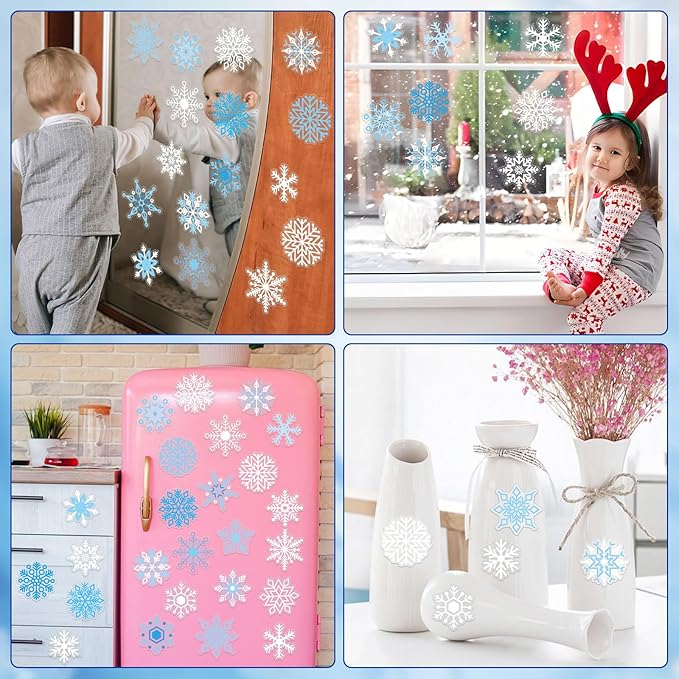 MARFOREVER 50 PCS Winter Gel Window Clings Stickers Reusable Christmas Snowflake Thick Gel Clings Decals for Kids Classroom Home Winter Christmas Party Supplies Window Glass Decorations