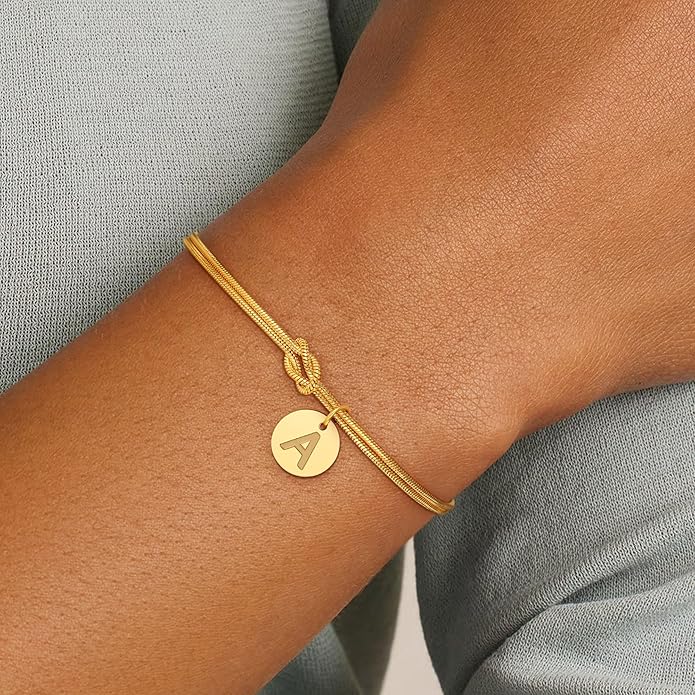 Gold Initial Bracelets for Women Girls - 18K Gold Plated A-Z Initial Bracelet Dainty Knot Bracelet Gold Bracelets for Women Teen Girl Gifts Trendy Stuff