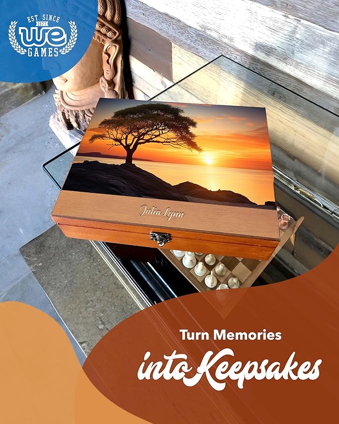 WE Games Wooden Memory Box for Keepsakes – Vintage Decorative Storage Box with Lid - Light Cherry Finish with Image Color Print