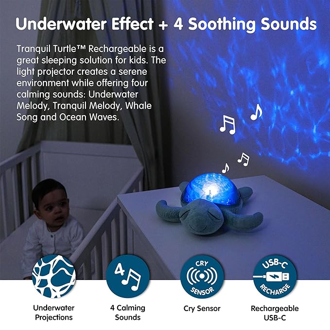 Cloud b Ocean Projector Nightlight with 2 White Noises & 2 Soothing Sounds | Adjustable Settings | Cry Sensor | Tranquil Turtle - Green (Rechargeable)