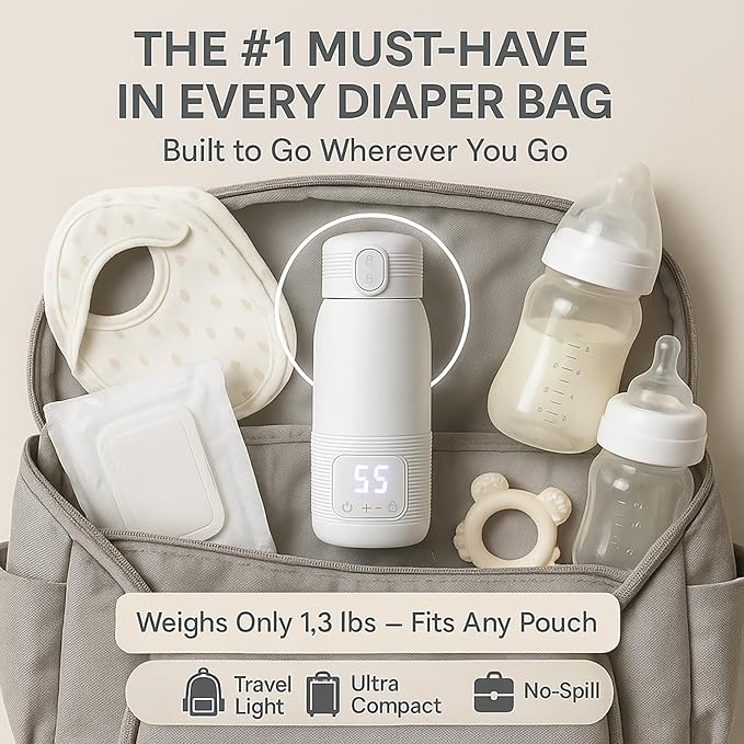Portable Bottle Warmer for Travel – 12oz Portable Milk Warmer for Travel, LED Display, 3-Min Fast Heating, 10H Battery Life Leakproof for Breastfeeding, Formula, Camping Car Use (White, 12 oz)