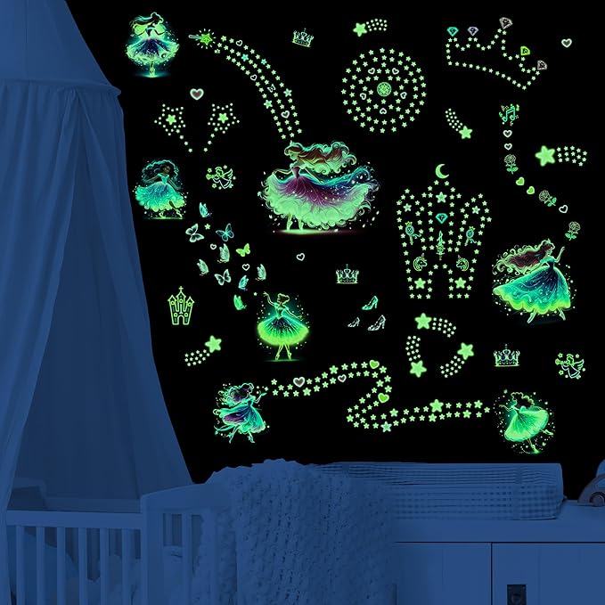 Glow in The Dark Princess and Star Wall Decals, Neon Butterflies Stickers for Girls Room, Luminous Stars Ceiling Decor for Bedroom Playroom Nursery