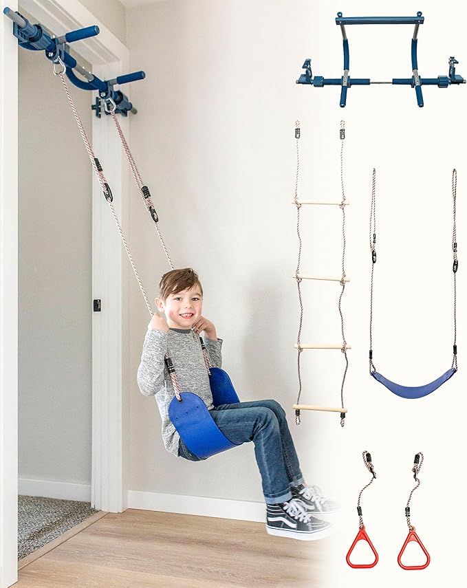 Gym1 Indoor Doorway Gym for Kids & Adults - 4-Piece, Blue - Swing Set with Sensory Swing, Pull Up Bar & Grip Rings, Agility Ladder - 300 lb Capacity