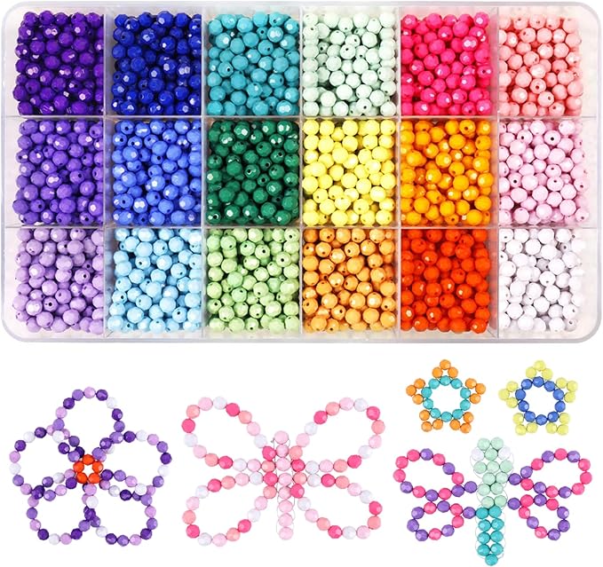 2600+pcs Faceted Beads Kit 18 Color Rainbow Opaque Plastic Beads Multicolor Loose Spacer Pony Beads Bulk Elastic String for Bracelets Necklaces Key Chains DIY Craft Jewelry Making