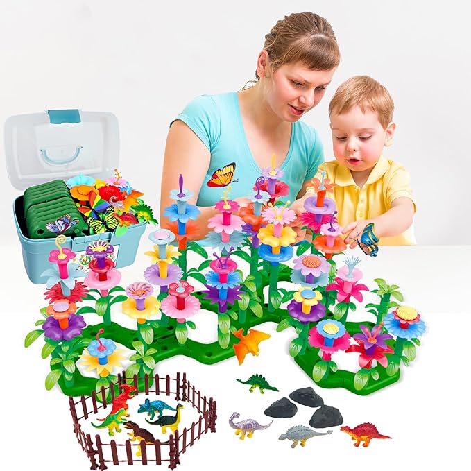 Toys Gifts for Toddlers Boys Girls Age 2 3 4 5 6,167 PCS Dinosaur Flower Garden Building Blocks,STEM Fine Motor Skill Stacking Games,Christmas First 1st Birthday Gifts for Preschool Kids 2+ Years Old