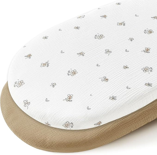 JELLYMONI 2-Pack Muslin Bassinet Sheets for Girls Boys, 100% Cotton Bassinet Mattress Sheets Soft Breathable Universal Fit for Baby Bassinets, Moses Basket, Hourglass Oval and Rectangle Mattress