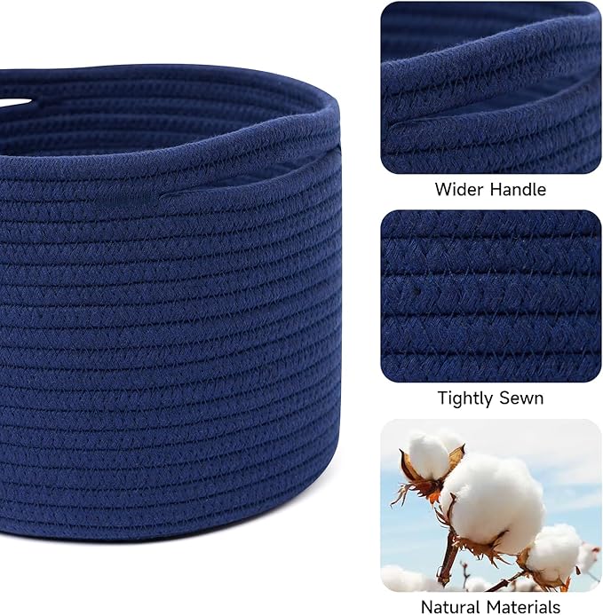 Small Basket for Organizing | Cube Shelf Closet Storage Baskets | 9.7×9.7×7.1” | Woven Rope Gift Basket | Nursery | Round 3 Packs Navy Blue