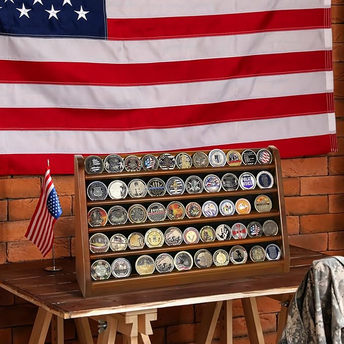 5 Rows Challenge Coin Holder Display Stand Holds 50 Coins for Wall Mount or Tabletop, Solid Wood Military Coin Rack Display Case for Collectibles, Walnut