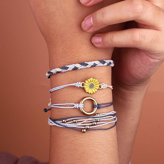 FANCY SHINY Sunflower String Bracelet Boho Braided Rope Wrap Bracelets Cute Summer Beach Surfer Jewelry for Women Christmas Gifts