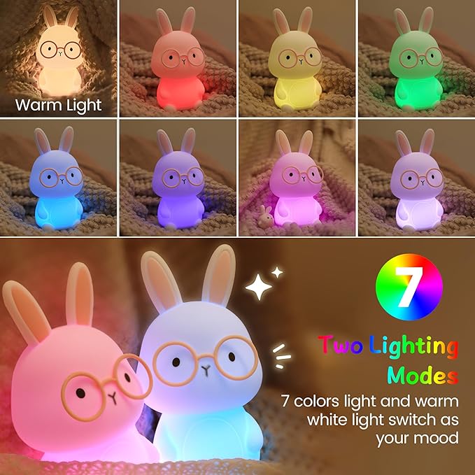 Bunny Night Light for Kids, Soft Silicone Nursery Lamp, 7-Color Glow, 3-Level Dimmable Warm Light, Tap Control, 30Min Timer, Rechargeable, BPA-Free, Easter & Birthday Gift, Baby Room Decor, Gray